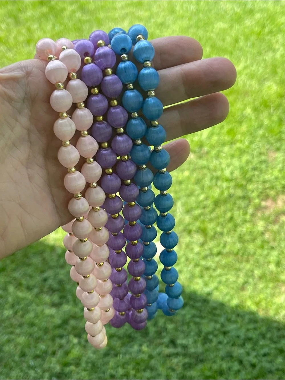 Vintage 3 Necklaces with Spun Silk Satin Beads Gold Tone Spacers 30 In. Approx